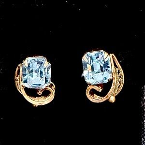 Vintage Gold and Aquamarine Blue Emerald Cut Earrings with Screw backs